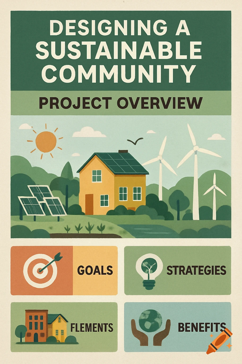 Infographic poster for a sustainable community project, featuring a house, solar panels, wind turbines, and text labels like 'Project Overview'.