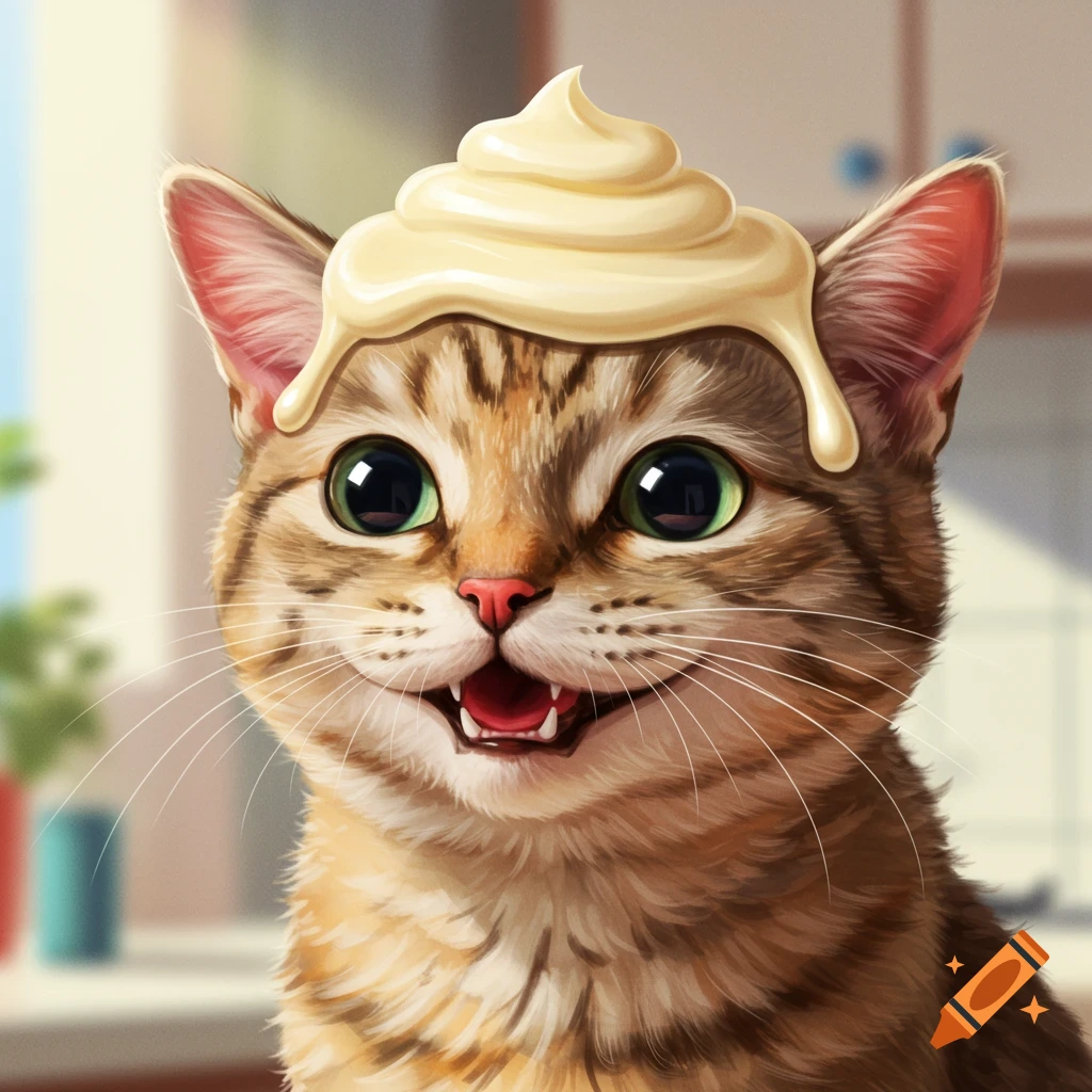A happy tabby cat with mayonnaise on its head.