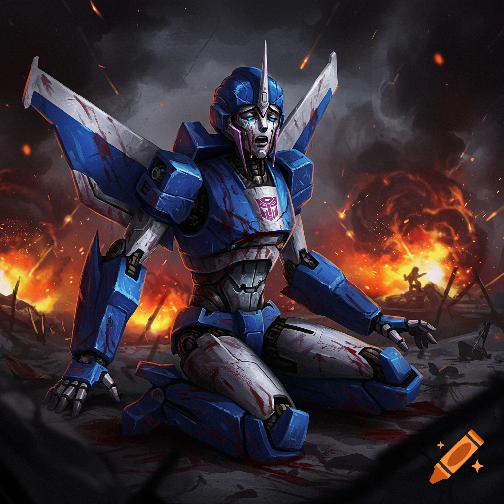 Blue and white Transformers robot covered in red stains, kneeling on a smoky battlefield with explosions in the background.