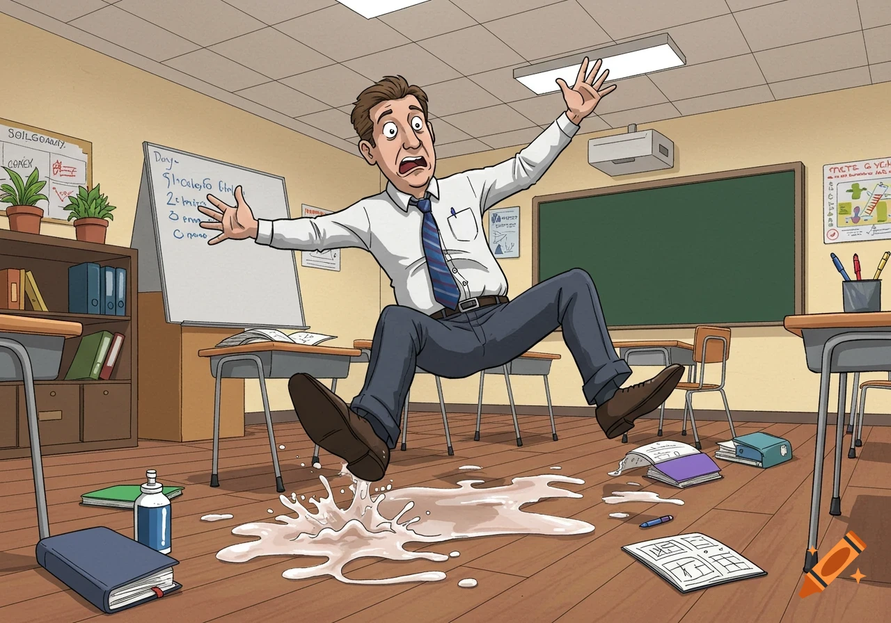 A cartoon illustration of a male teacher slipping on a puddle in a classroom.