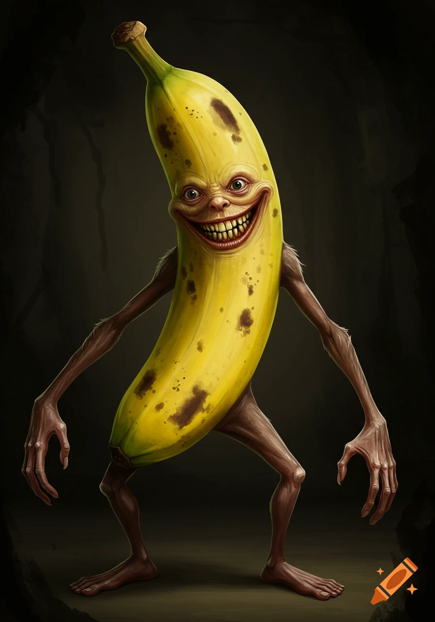 A creepy, human-like creature made from a banana, standing with outstretched arms in a dark setting. Digital art.