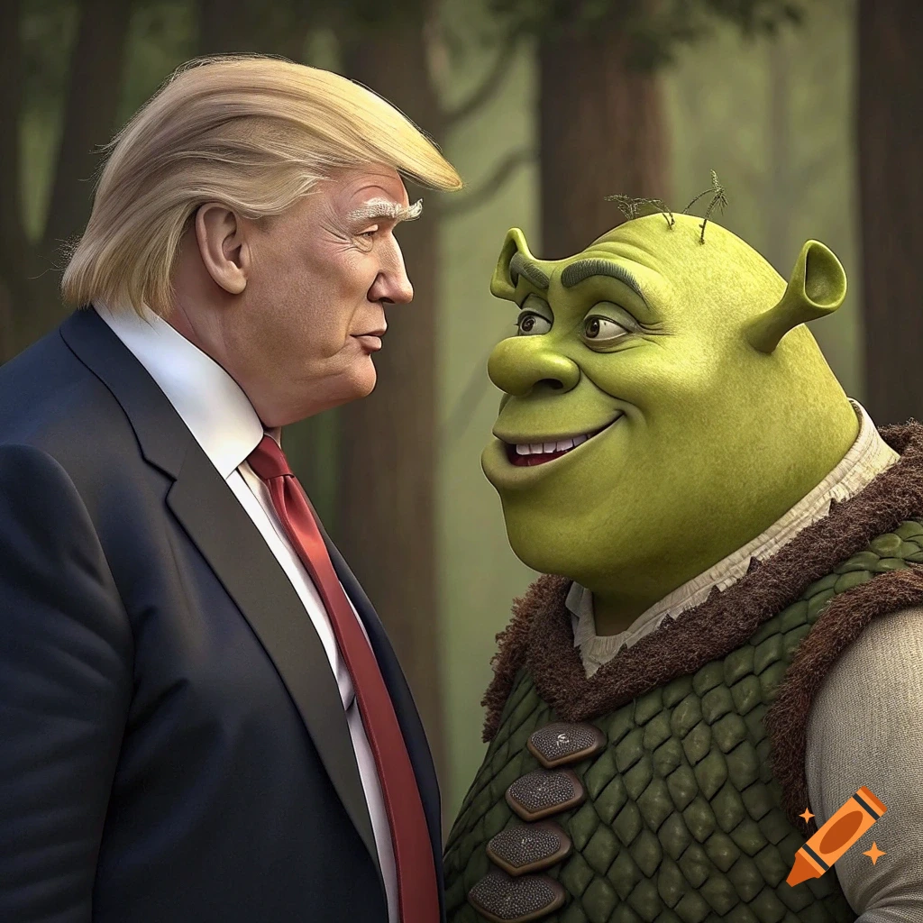 Donald Trump standing next to Shrek, looking at each other in a forest.