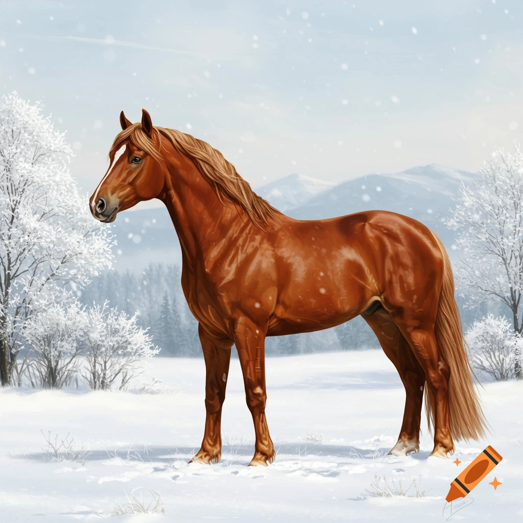 Brown horse standing in snowy landscape with trees and mountains