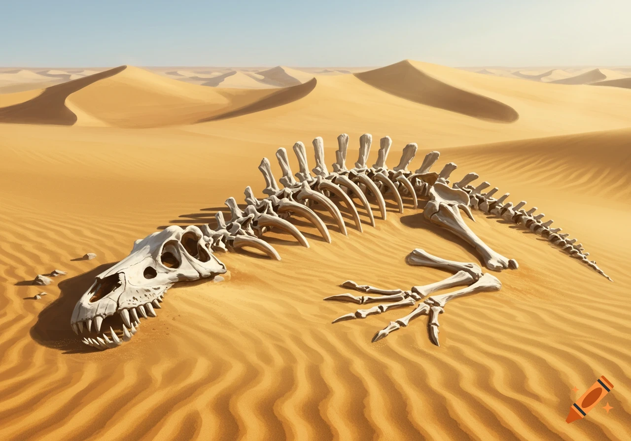 A dinosaur skeleton lies scattered on rippling sand dunes in a vast desert.