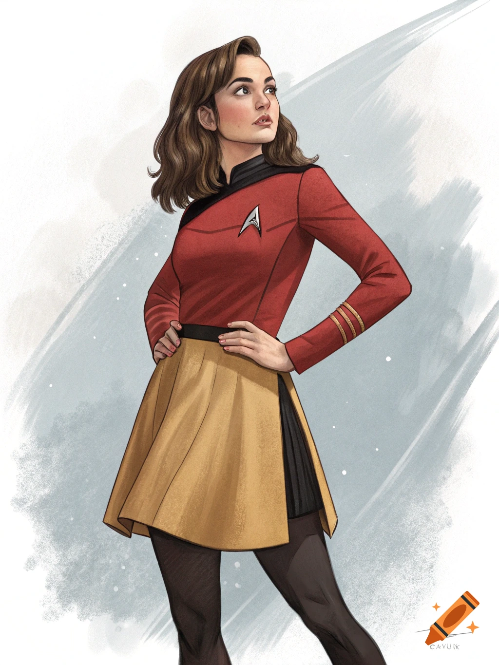 Illustration of a woman resembling Ana De Armas in a classic red Star Trek uniform, standing with hands on hips and looking upwards.