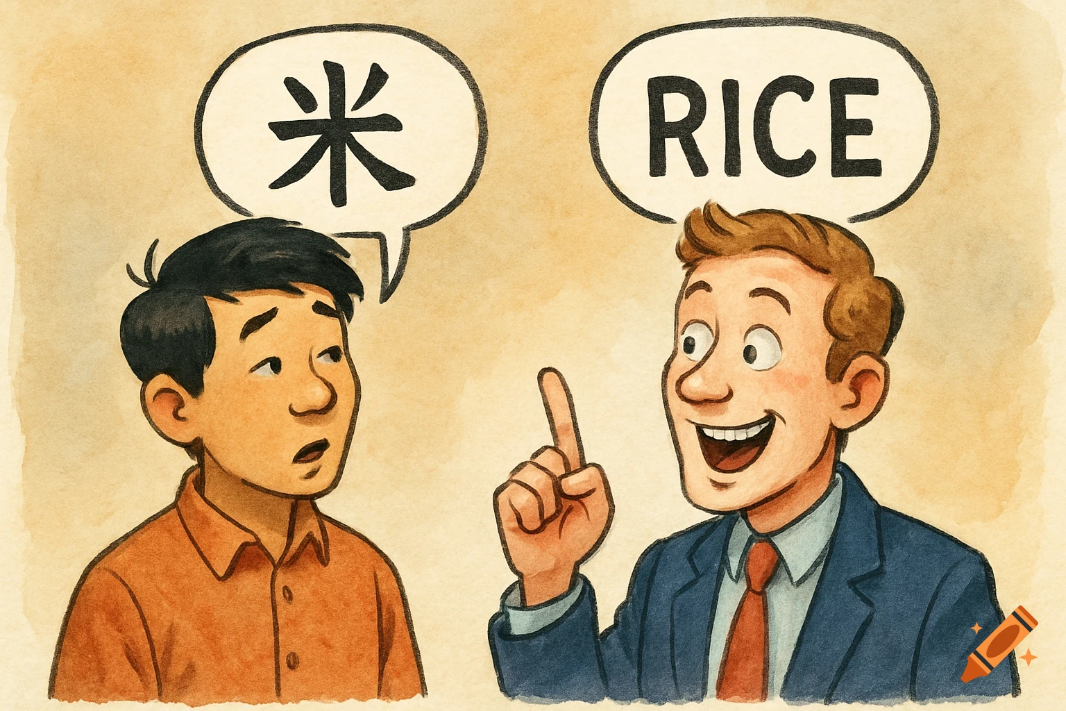 Cartoon illustration of two men talking, one saying '米' and the other 'RICE' in speech bubbles, with a watercolor texture.