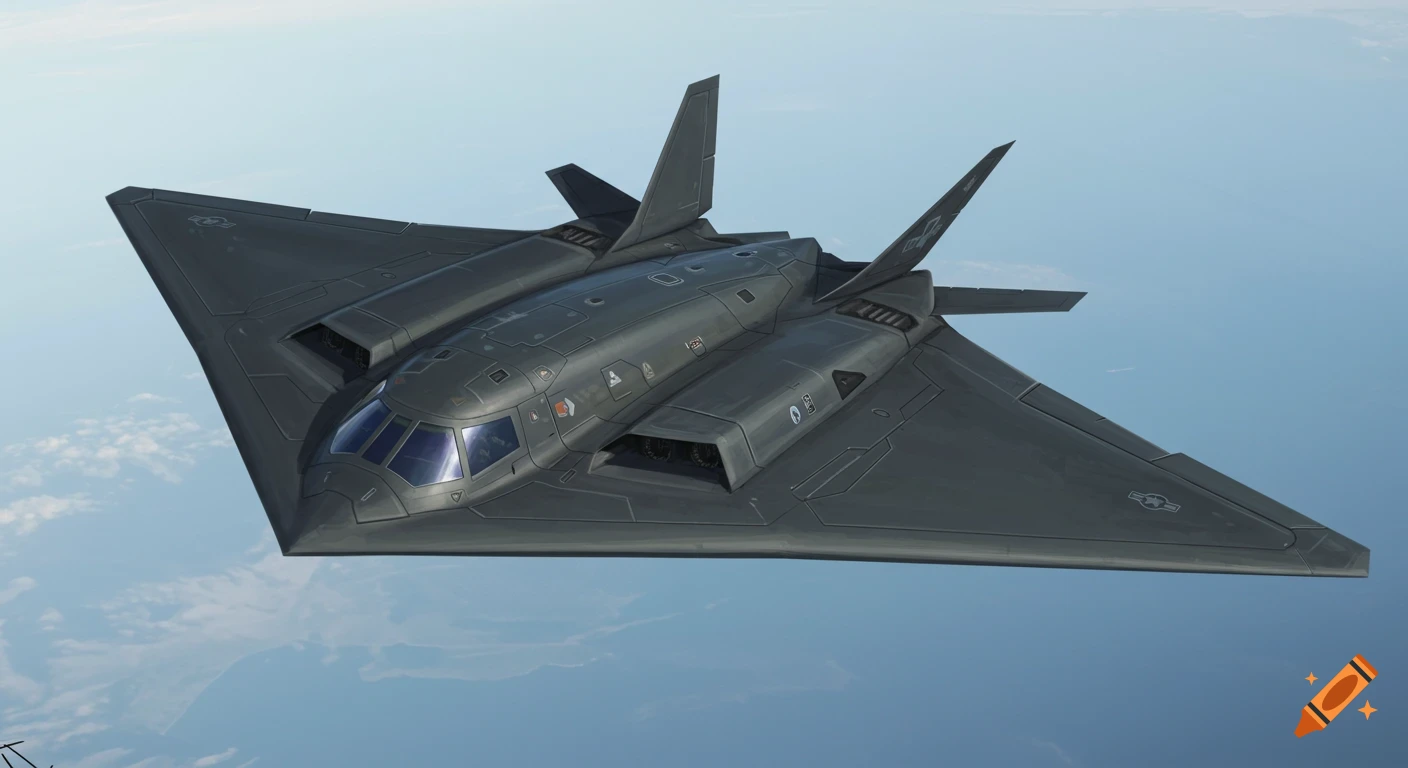 A dark gray futuristic stealth bomber flies in a clear sky.