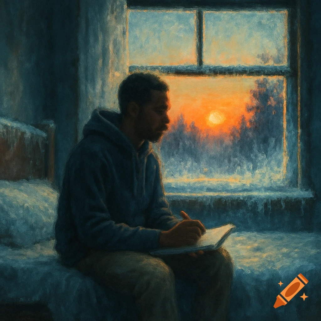 A man sits on a bed writing, looking out a frozen window at a sunrise over a forest. Painterly style.