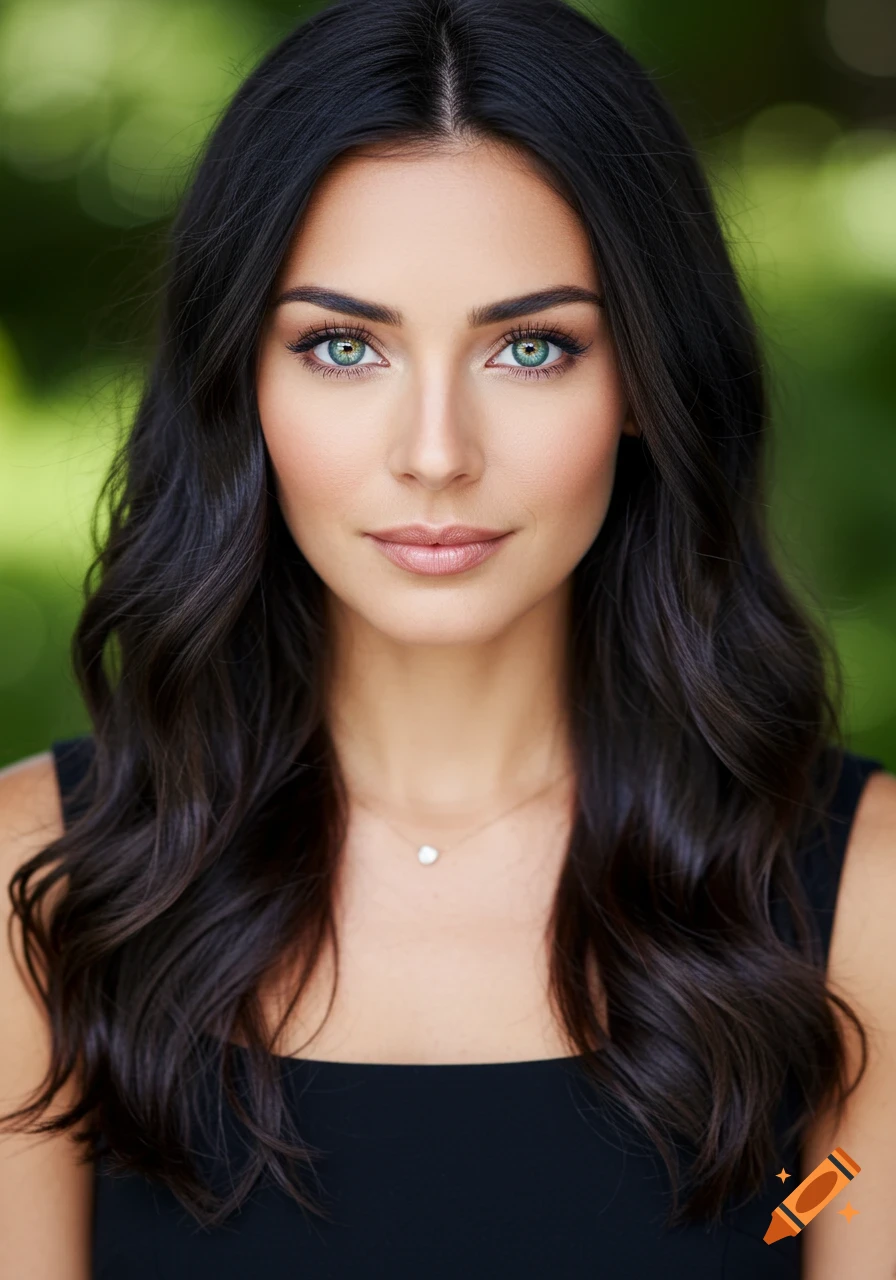 Close-up portrait of a woman with dark hair and green eyes against a ...