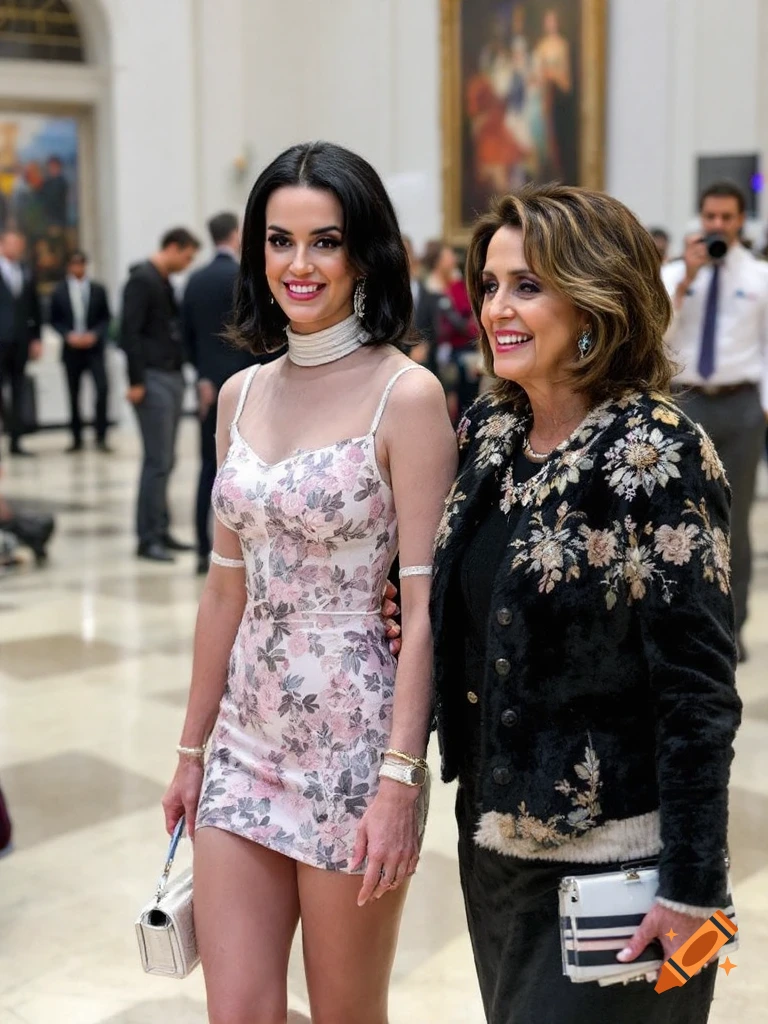 Two women pose at an indoor event, one in a short floral dress, the other in a black embroidered jacket.
