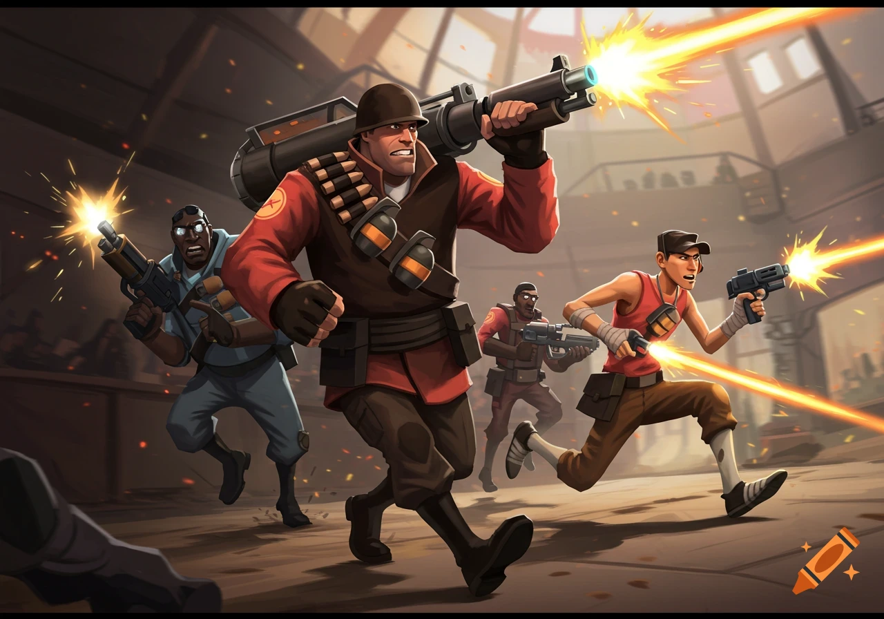 Stylized illustration of Team Fortress 2 characters Soldier, Demoman, Scout, and Engineer running and shooting in an indoor arena.