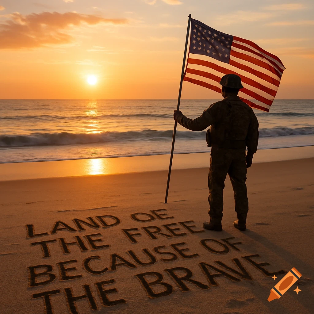 Soldier holding American flag on beach at sunset with 'LAND OF THE FREE BECAUSE OF THE BRAVE' written in sand.