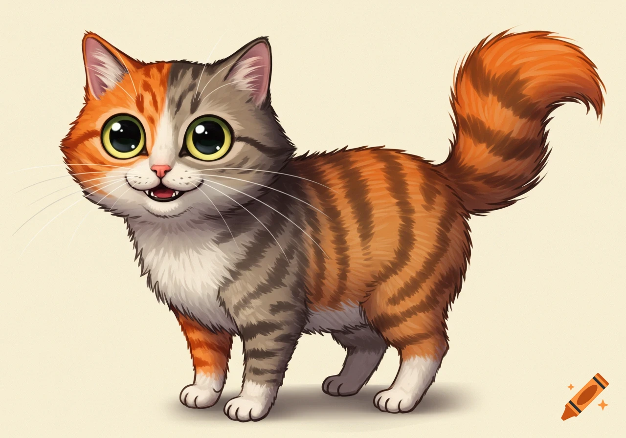 A cartoon cat with orange and grey tabby markings and large eyes stands smiling.