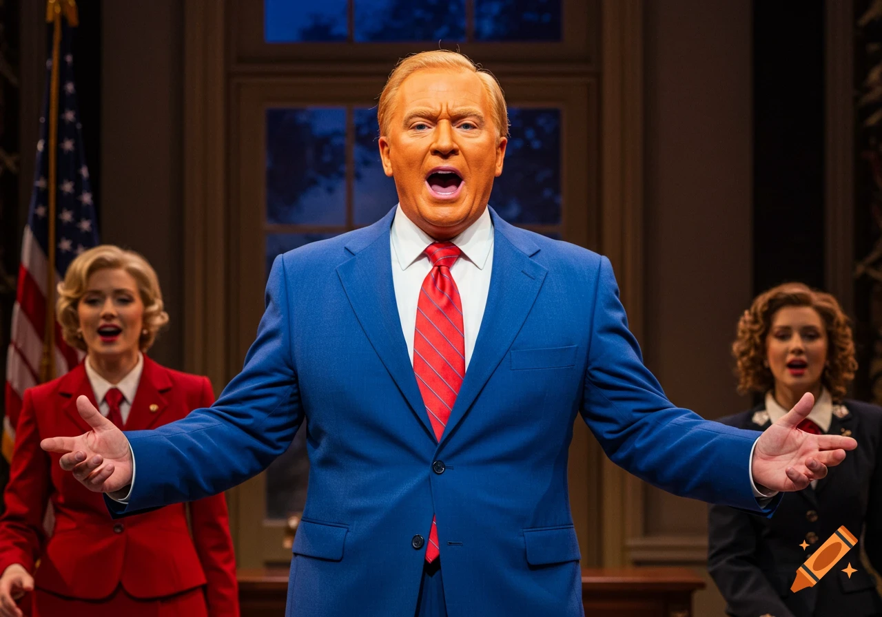 Man in a blue suit and red tie singing on a stage set, flanked by two women in suits.