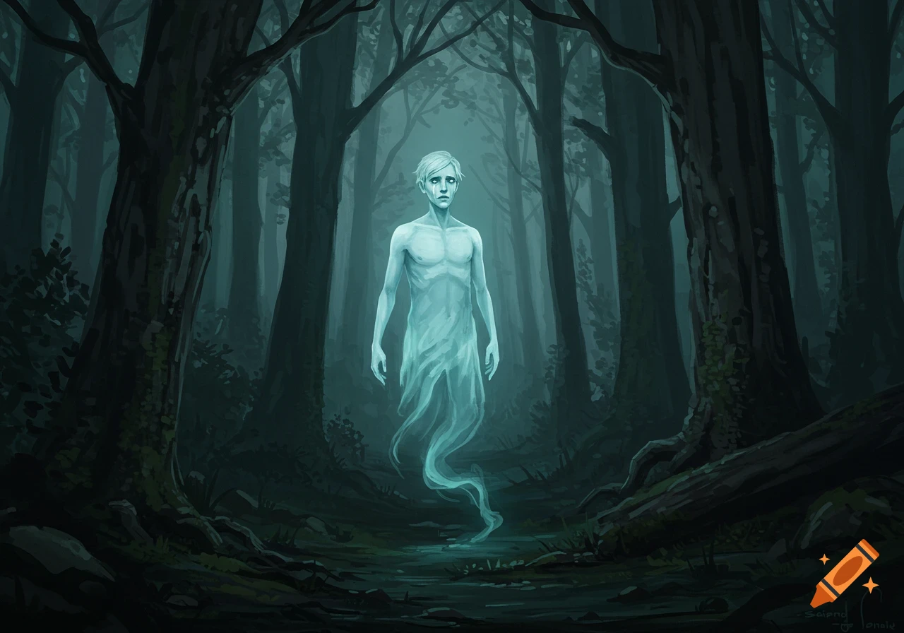 An illustrative depiction of a translucent ghost standing in a dark, misty forest.