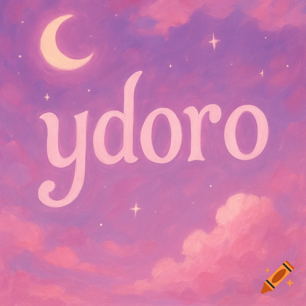 The word "ydoro" in a pink and purple fantasy sky with clouds, a crescent moon, and stars