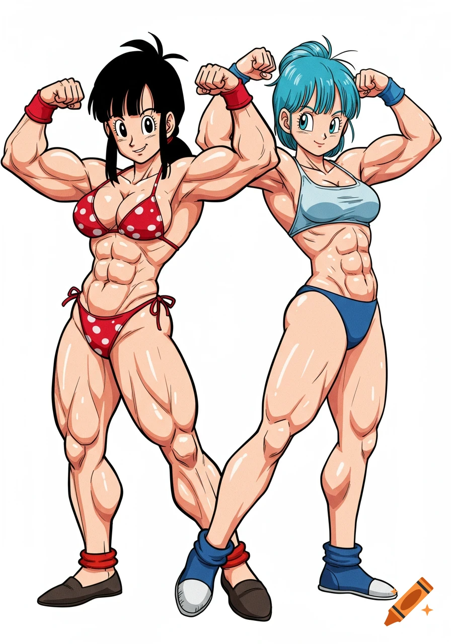 Chi-Chi and Bulma, two muscular anime women in bikinis, flexing their arms.