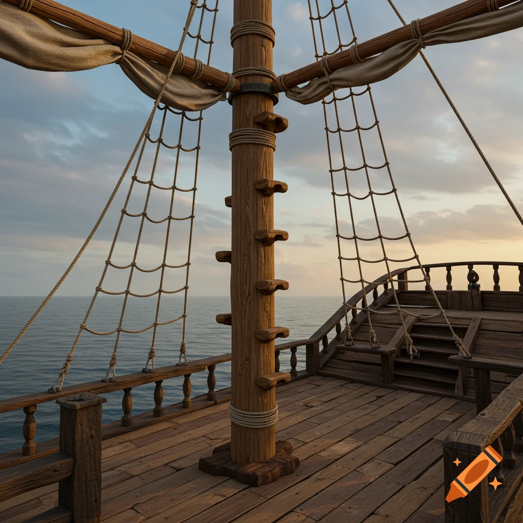 A close-up view of a wooden pirate ship mast and deck at sea under a cloudy sky during sunset.