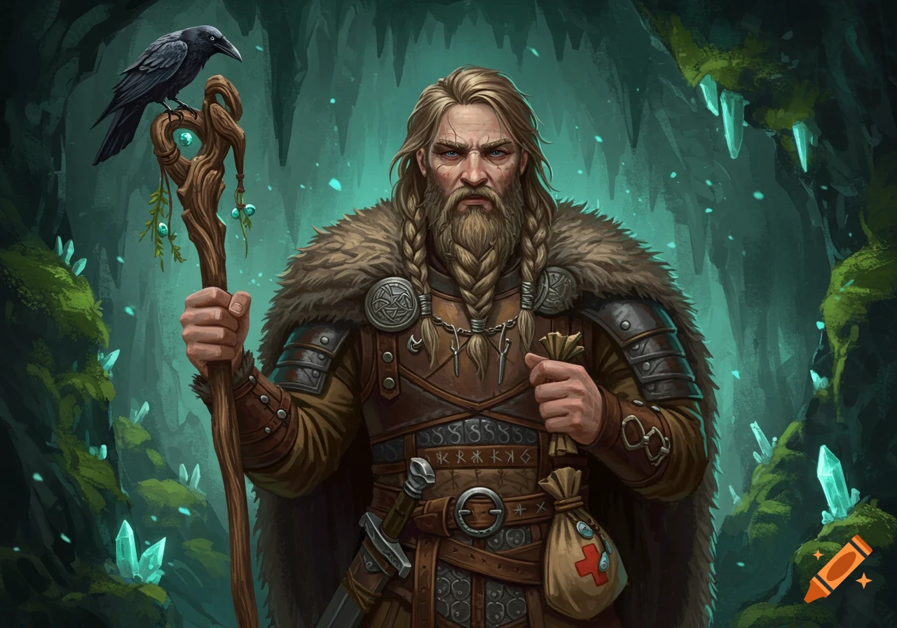 A bearded man in armor with braids and a raven on his staff stands in a crystal cave.