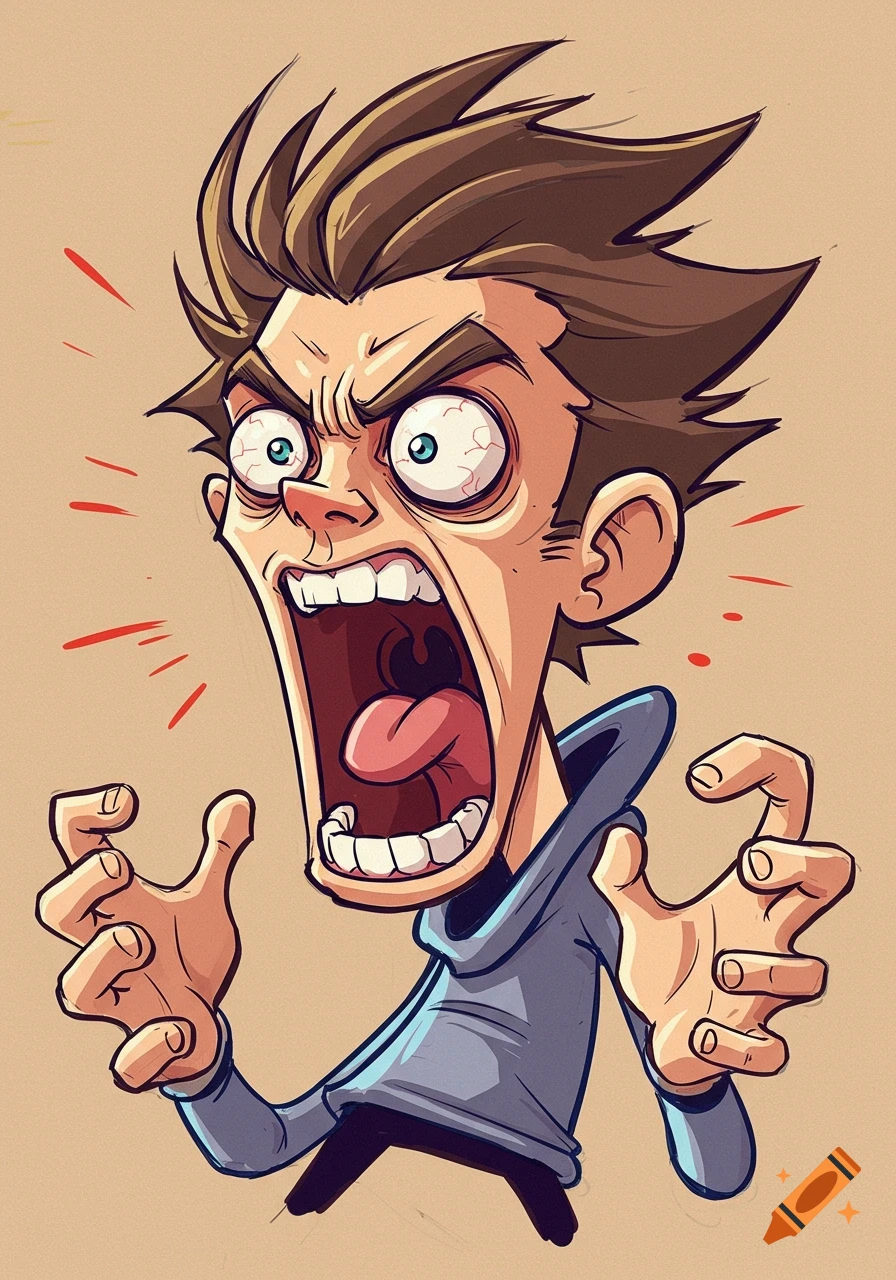 Cartoon illustration of a person yelling with wide eyes and hands raised.