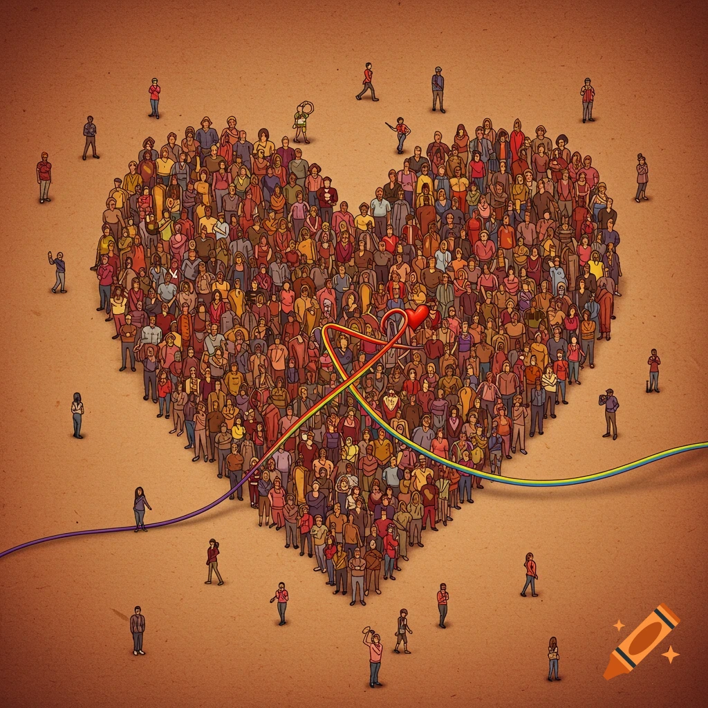 Illustration of many diverse people forming a large heart shape, with a rainbow ribbon woven through it.