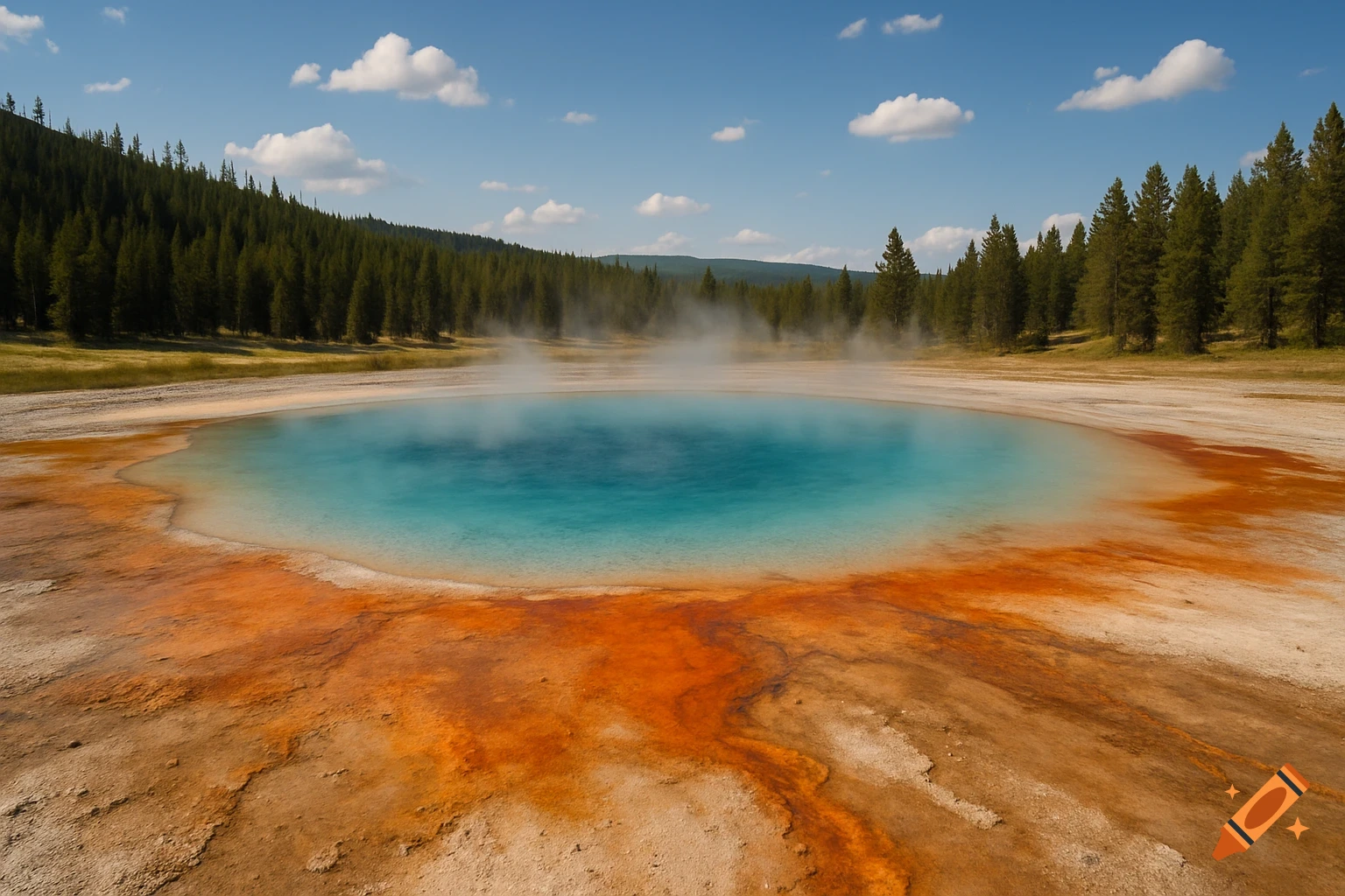 A vibrant blue thermal pool with orange and red edges steams under a blue sky with clouds, surrounded by evergreen trees.