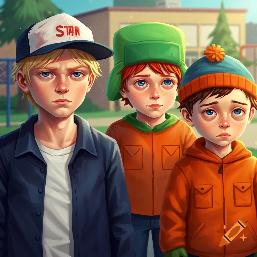 Realistic illustration of South Park characters Stan, Kyle, and Cartman as fourth graders.