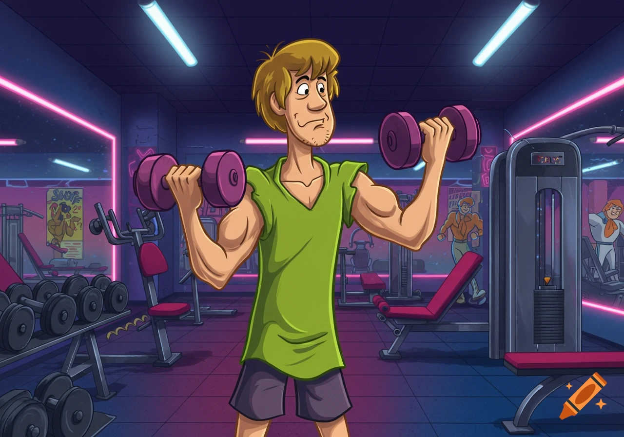 Cartoon of Shaggy from Scooby-Doo lifting purple dumbbells in a neon-lit gym.