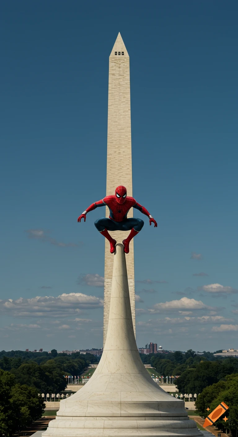 Spider-Man crouches on the peak of the Washington Monument against a clear blue sky.