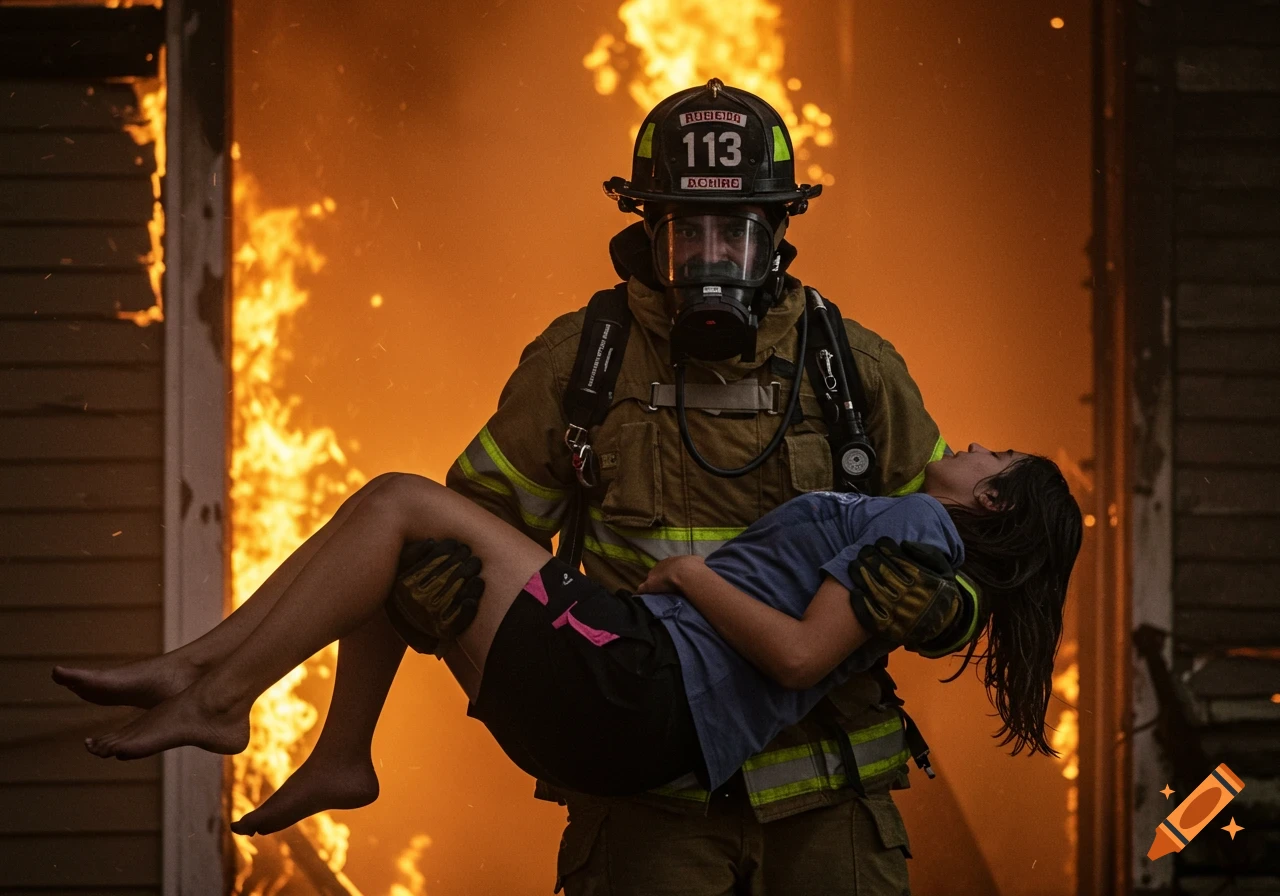 Photorealistic image of a firefighter carrying a person out of a burning house