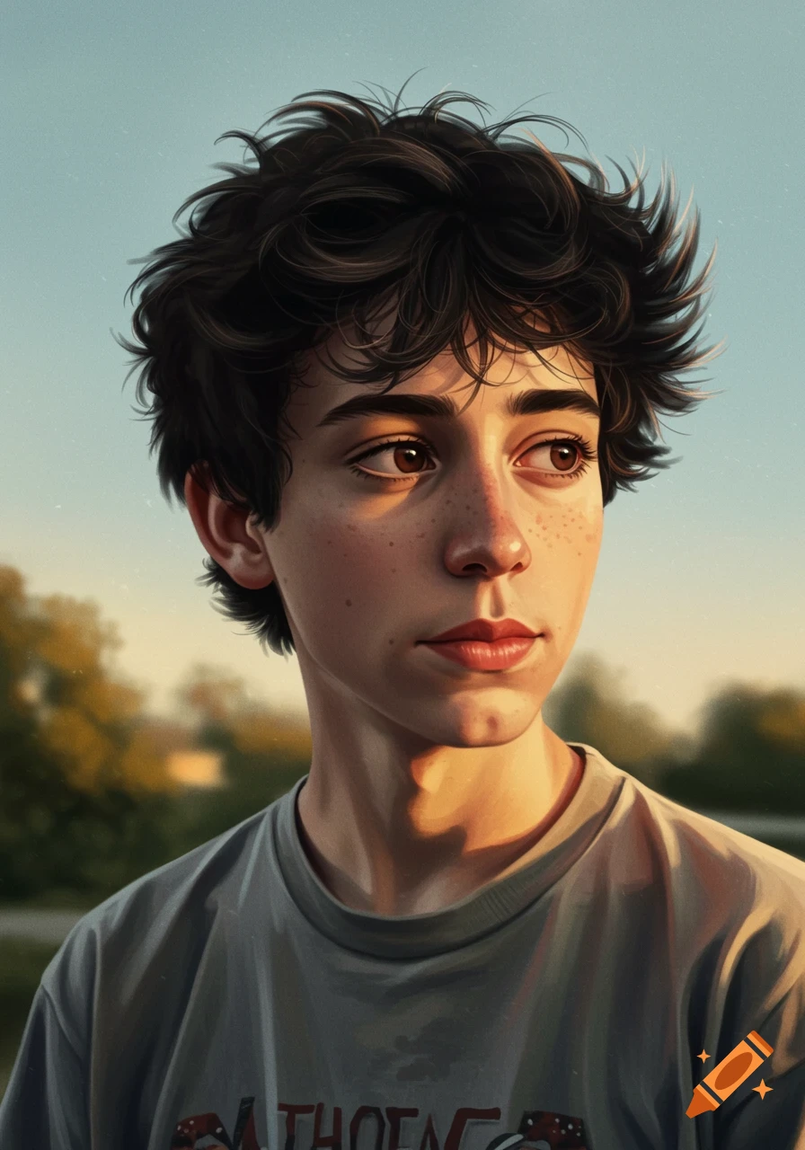 Digital painting of a teenage boy with disheveled hair and freckles looking right, wearing a grey t-shirt.