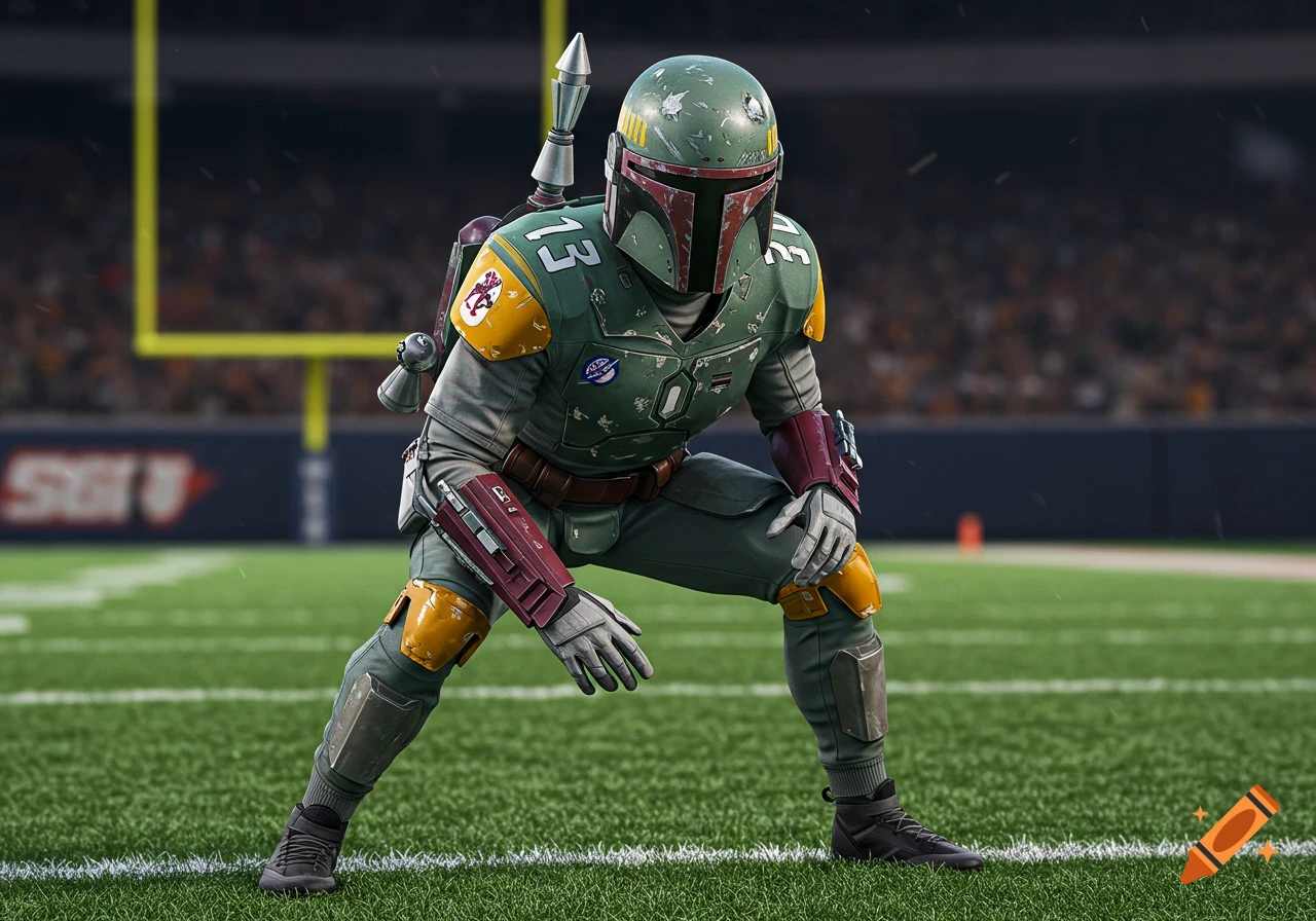 Boba Fett in a football uniform kneeling on a field.
