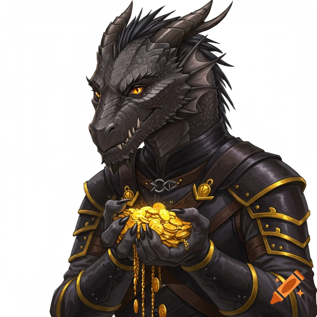 A detailed portrait of a dragonborn creature holding a pile of gold coins.
