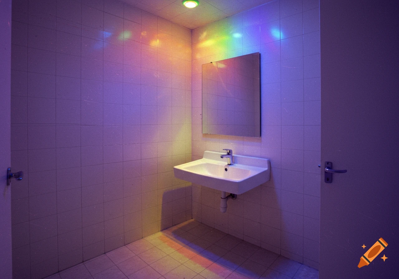 Bathroom with tiled walls and floor, sink, mirror, illuminated by rainbow light.