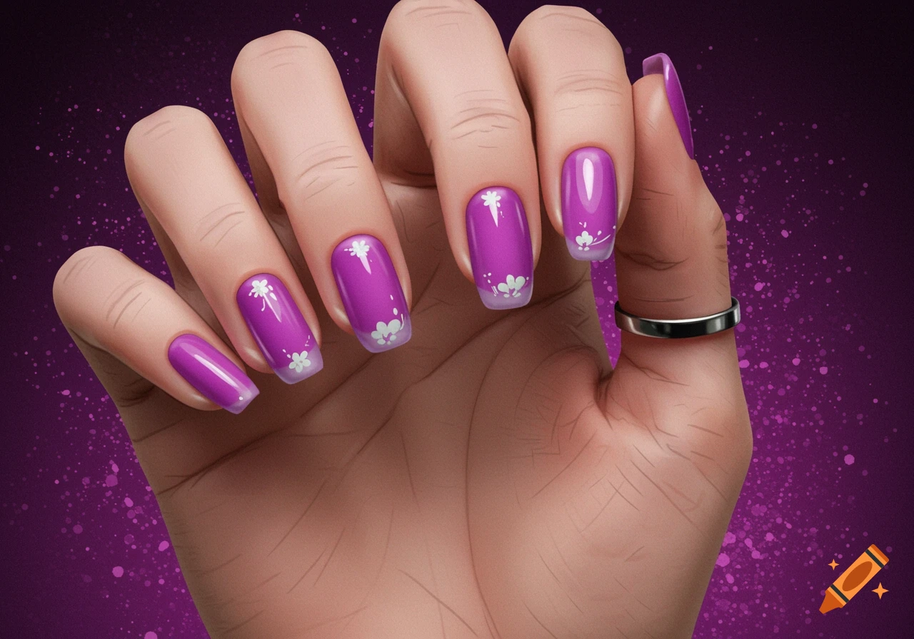 Close-up of a hand with purple nail polish and white flower decoration, wearing a silver ring.