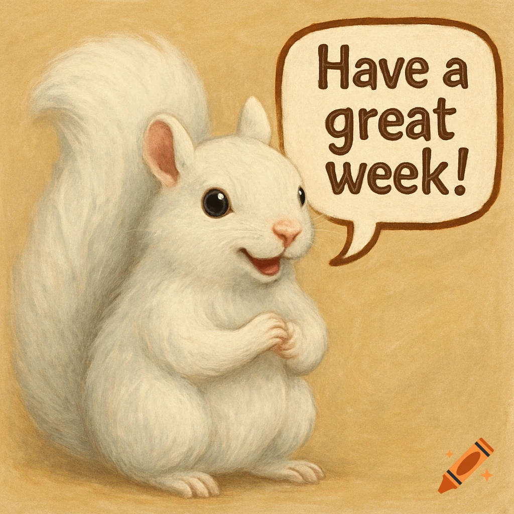 A white squirrel smiles with a speech bubble saying 'Have a great week!' in an illustration.