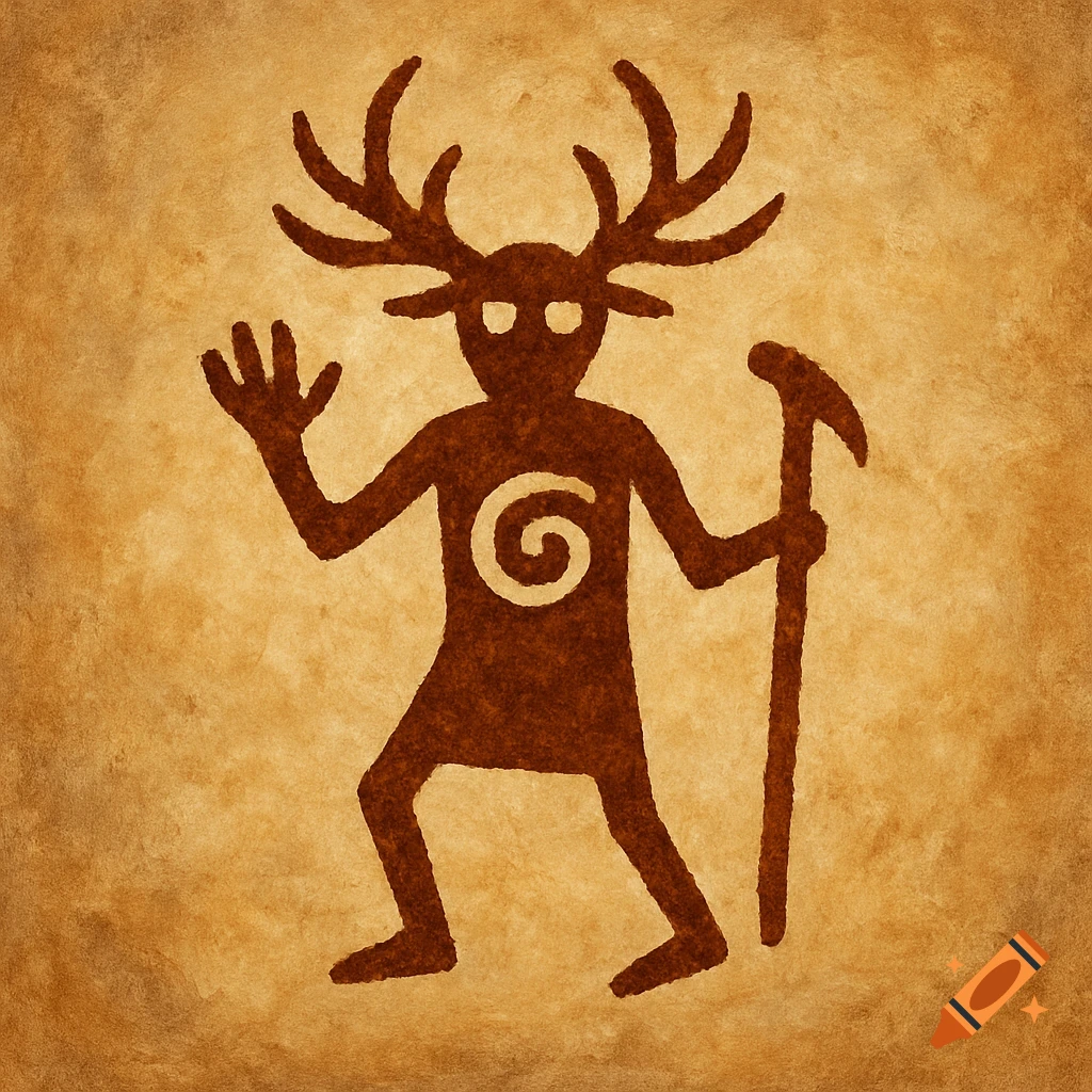 Petroglyph of a figure with antlers holding a staff and spiral symbol