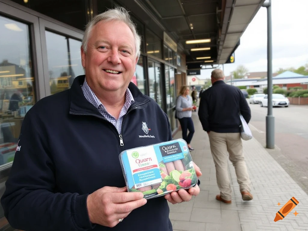 Man smiling and holding a package of Quorn vegetarian sausages outside a store.