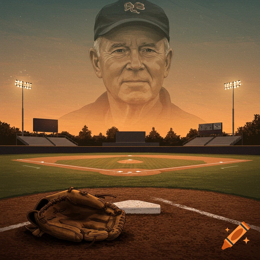 Stylized portrait of an older man's face in the sky over a baseball field with a glove on home plate at sunset.