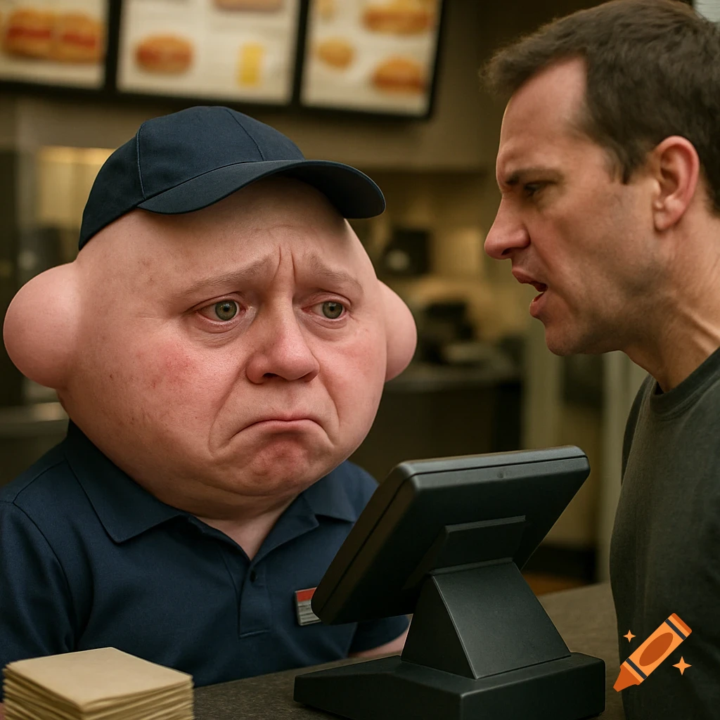 Photorealistic image of a sad humanoid Kirby working at a fast-food counter, facing an angry customer.