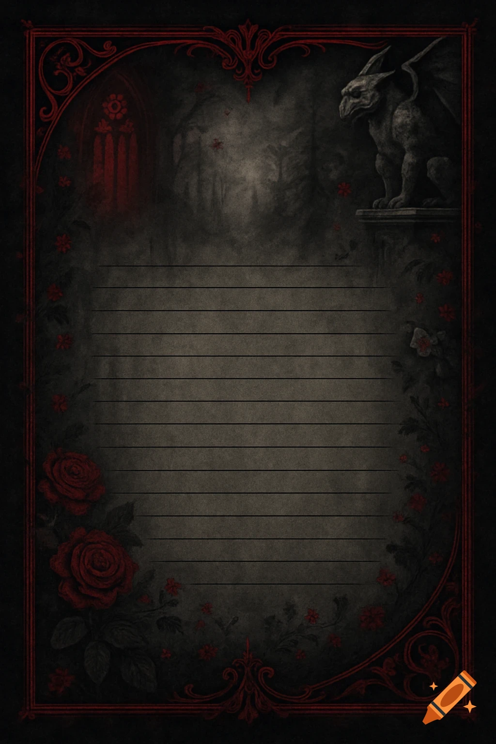 Dark gothic journal page template with ruled lines, decorated with a red border, roses, and a gargoyle against a misty forest background.