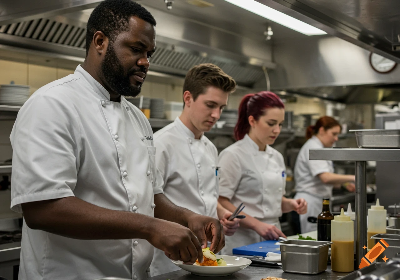 Four chefs work in a bustling kitchen, a black chef plates food in the foreground