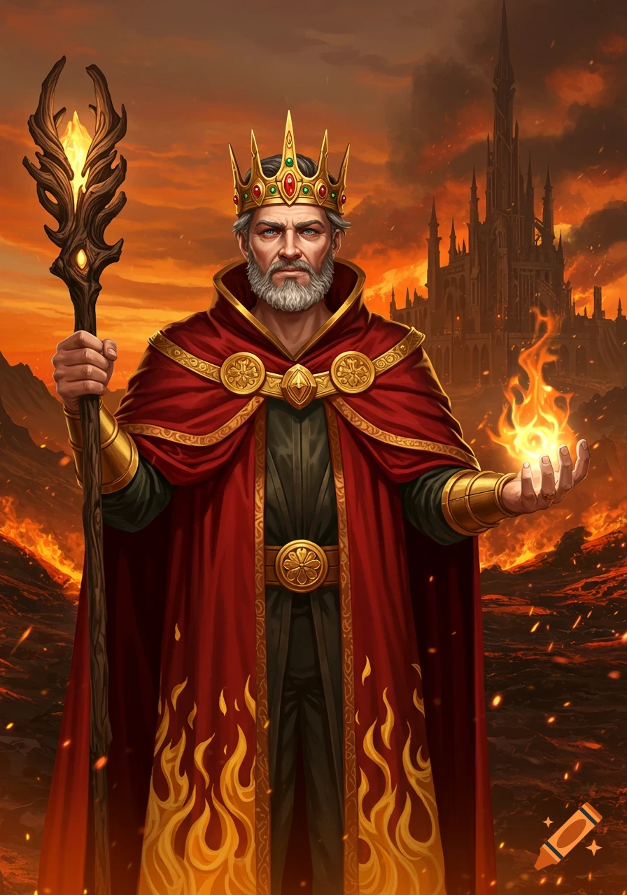 A fantasy portrait of a king or mage in a fiery red cape, holding a staff and flame before a burning castle.
