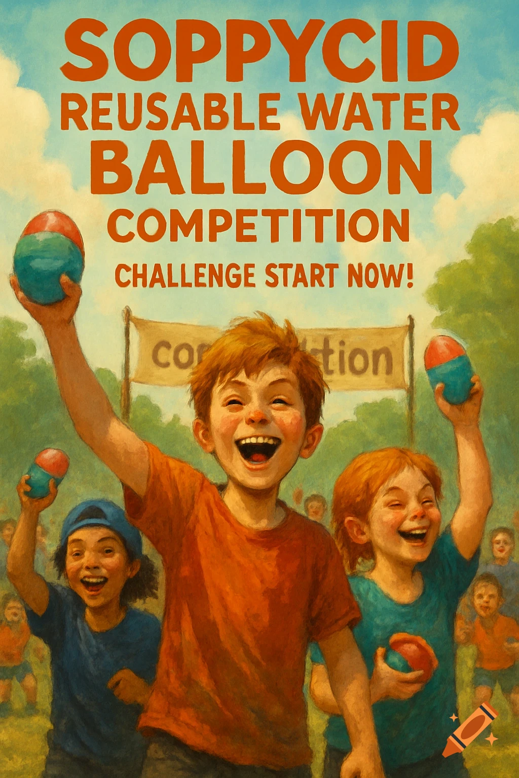 Kids celebrating at a water balloon competition with text overlay, painterly style.