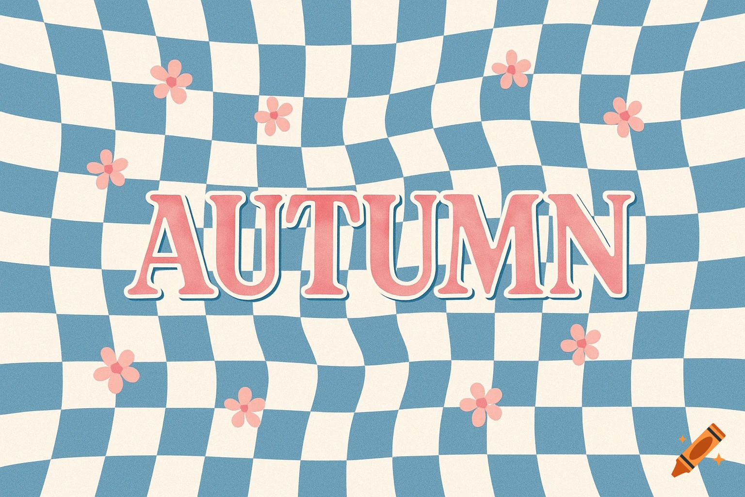The word AUTUMN on a wavy blue and white checkerboard background with pink flowers.