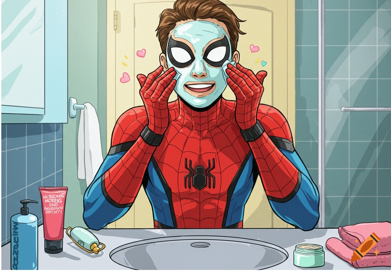 Spider-Man applies a face mask in a bathroom in a cartoon style.