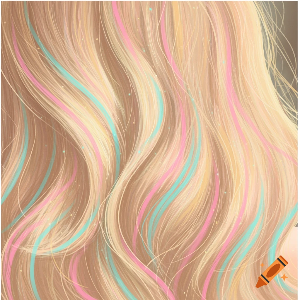 Close-up of blonde hair with pastel pink and turquoise highlights and sparkles.