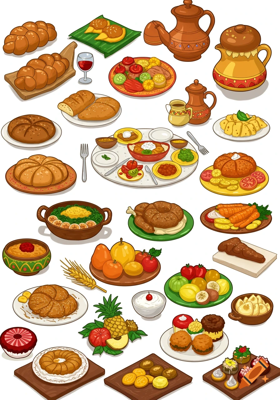 A collection of colorful illustrations of various food items, including bread, fruits, vegetables, and drinks, against a white background.