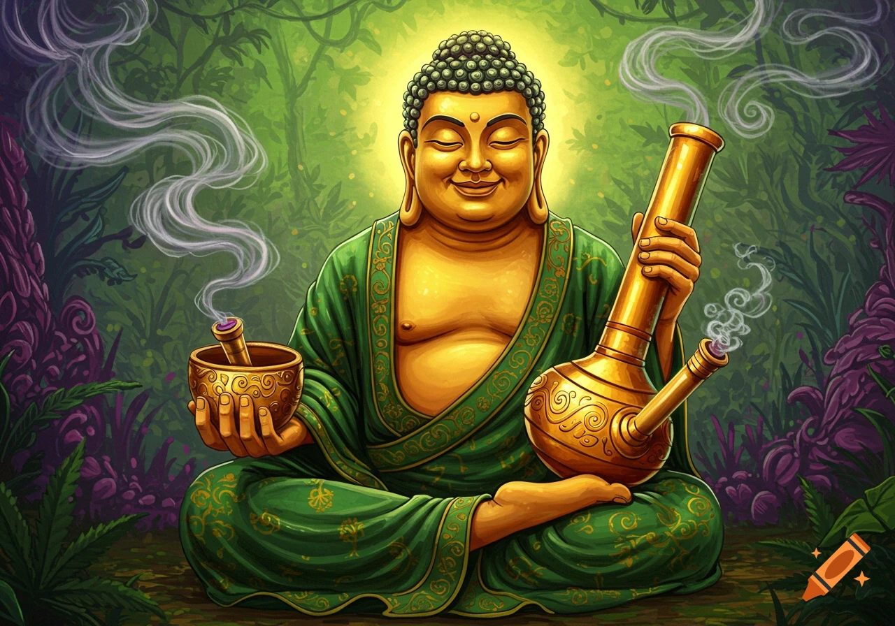 Illustration of Buddha meditating in a forest, holding a bong and a smoking bowl.