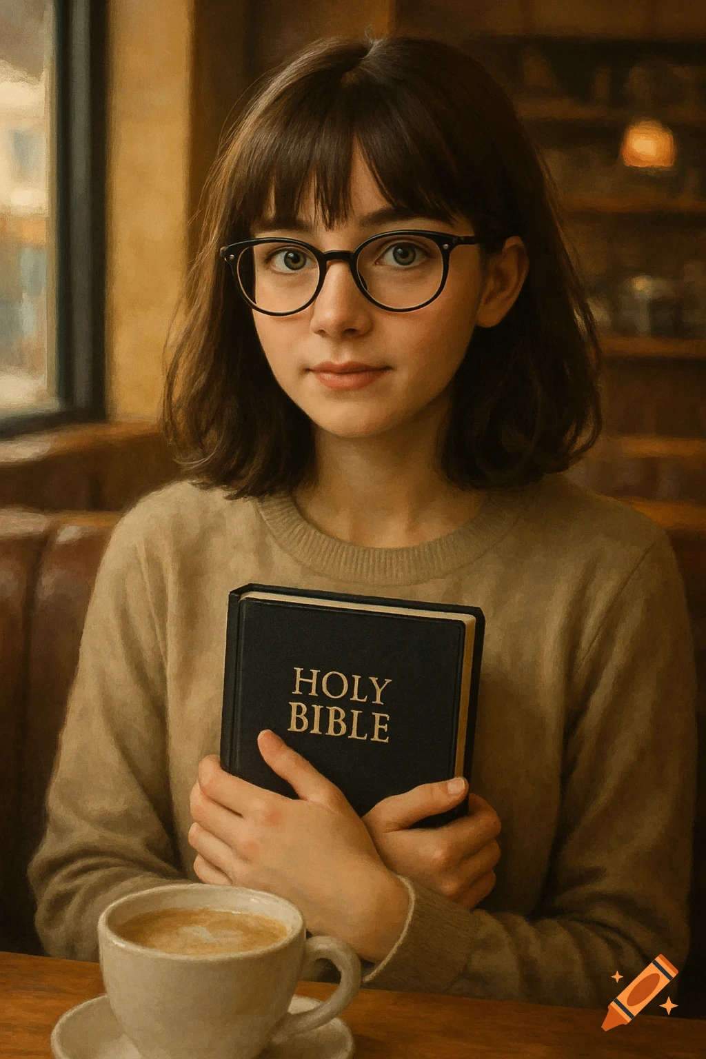Young woman with glasses holding a Bible at a coffee shop, photorealistic style.